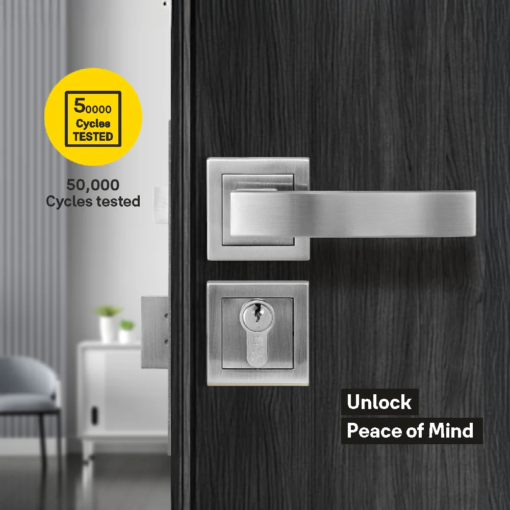 YECM-405-OR-TT-SS Mortise Door Handle Lock Set with Rose and Escutcheons, Cylinder with Knob inside and keys Outside, Satin Steel - Image 3