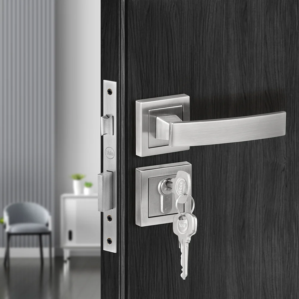 YECM-405-OR-TT-SS Mortise Door Handle Lock Set with Rose and Escutcheons, Cylinder with Knob inside and keys Outside, Satin Steel - Image 4
