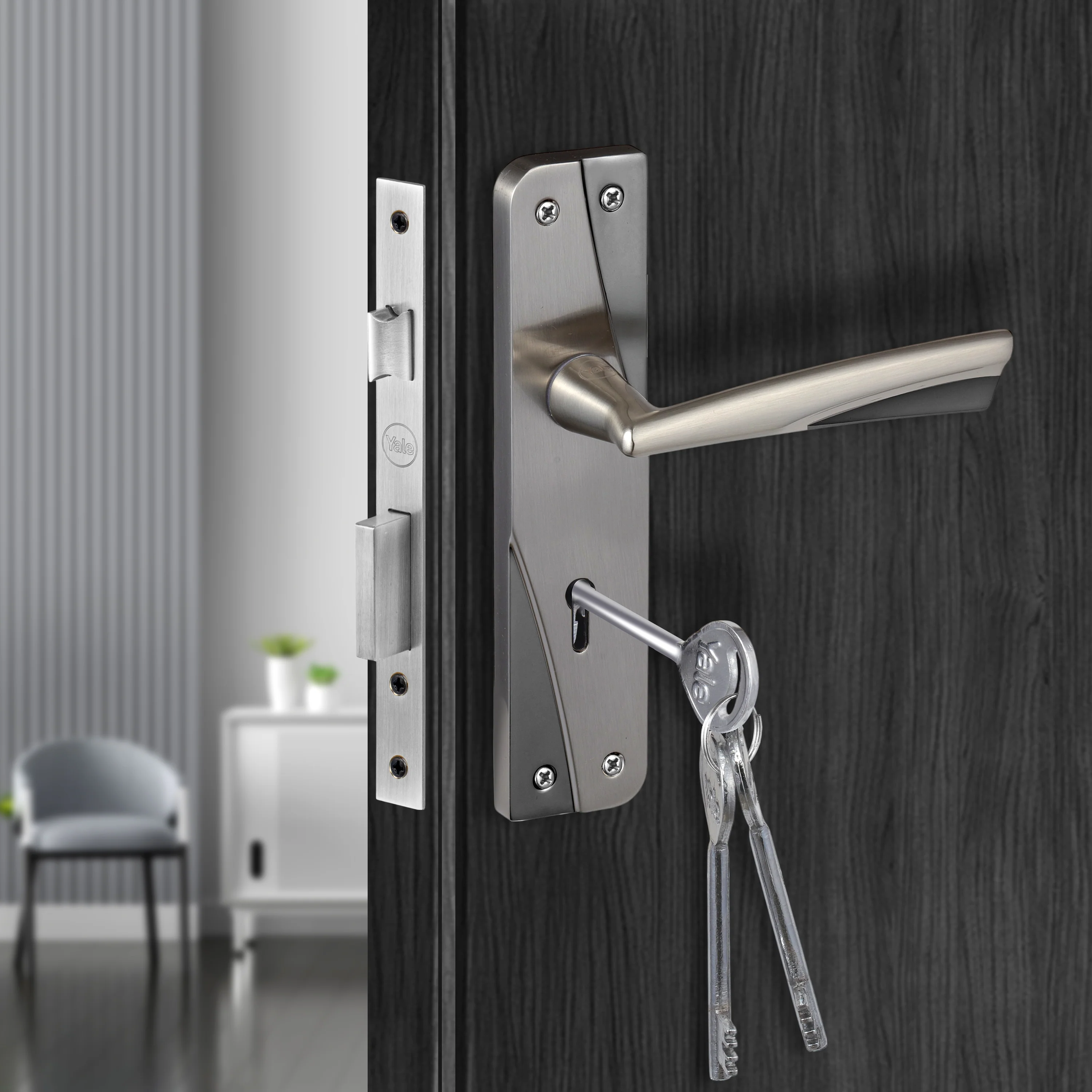 YECM-432-6L-SS Key-in-Lever Handle set with key-in lever double strike lockbody Satin Steel - Image 2