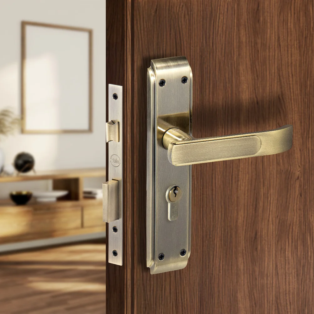 YECM-603-8P-TT-AB Mortise Door Handle set with lock body and Key cylinder with regular keys (3nos.), Antique Brass Finish