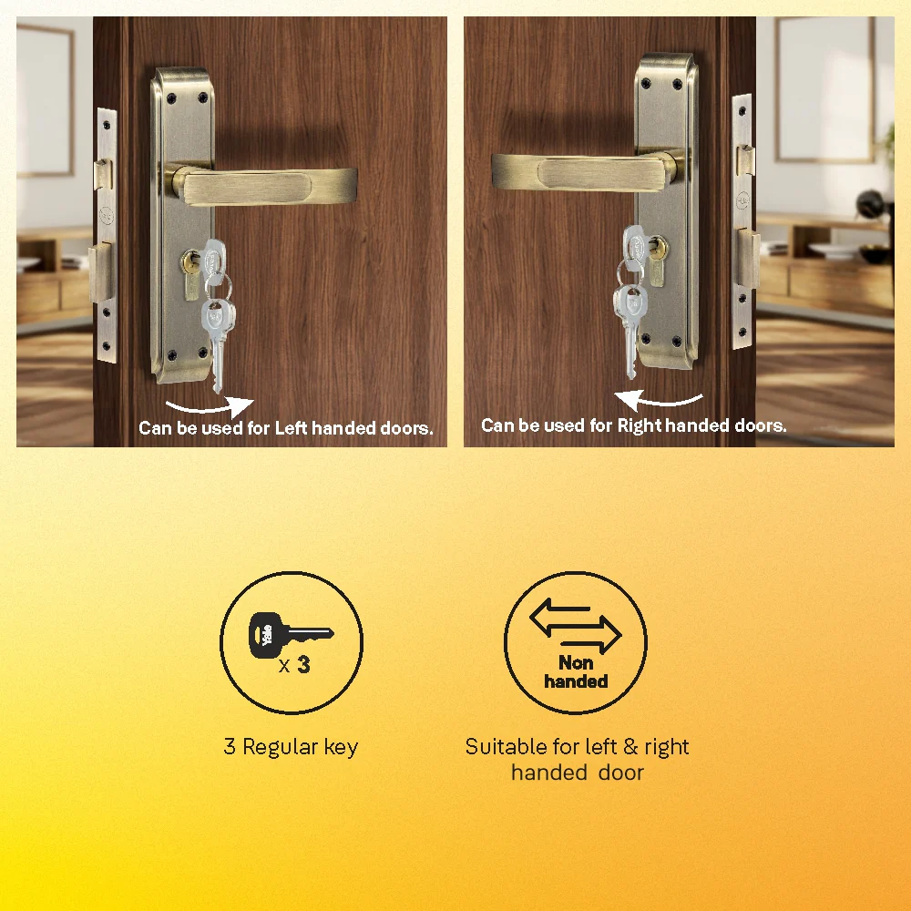 YECM-603-8P-TT-AB Mortise Door Handle set with lock body and Key cylinder with regular keys (3nos.), Antique Brass Finish - Image 3