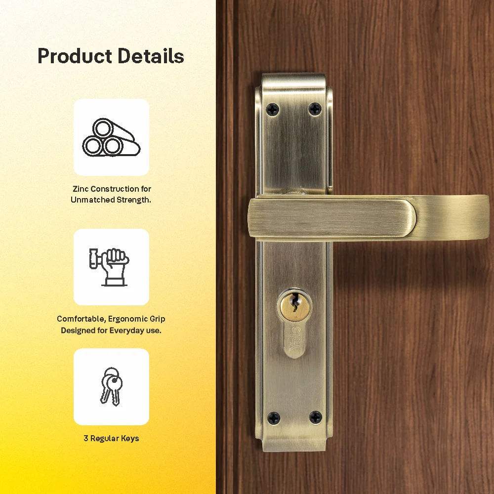 YECM-603-8P-TT-AB Mortise Door Handle set with lock body and Key cylinder with regular keys (3nos.), Antique Brass Finish - Image 4
