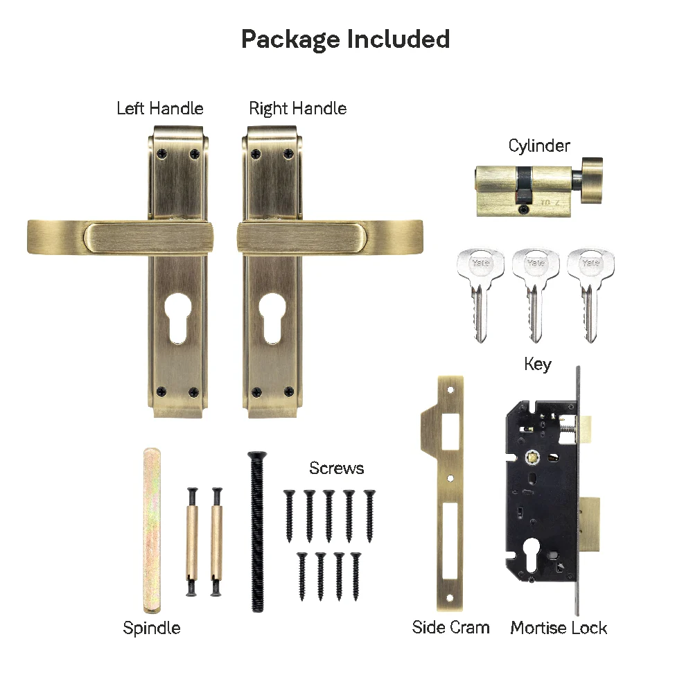 YECM-603-8P-TT-AB Mortise Door Handle set with lock body and Key cylinder with regular keys (3nos.), Antique Brass Finish - Image 9