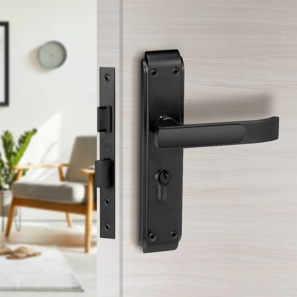 YECM-603-8P-TT-BM Mortise Door Handle set with lock body and Key cylinder with regular keys (3nos.), Black Matt Dual Tone Finish