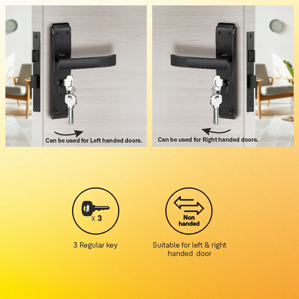 YECM-603-8P-TT-BM Mortise Door Handle set with lock body and Key cylinder with regular keys (3nos.), Black Matt Dual Tone Finish - Image 5