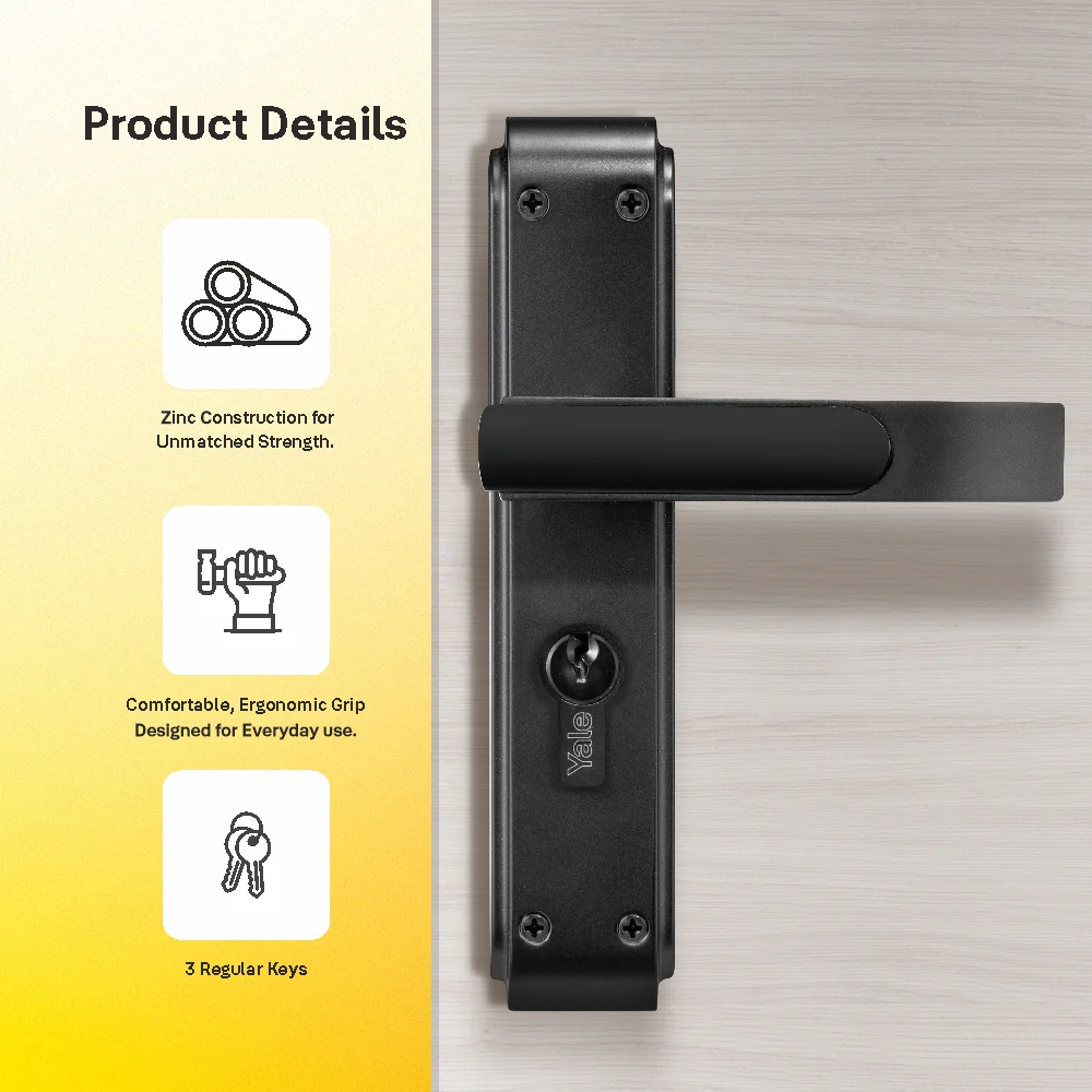 YECM-603-8P-TT-BM Mortise Door Handle set with lock body and Key cylinder with regular keys (3nos.), Black Matt Dual Tone Finish - Image 6