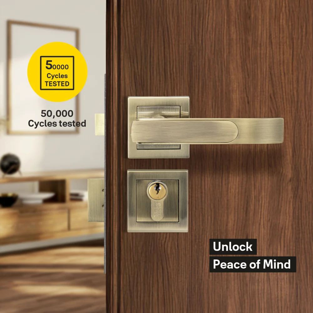 YECM-603-OR-TT-AB Mortise Door Handle Lock Set with Rose and Escutcheons, Cylinder with Knob inside and keys Outside, Antique Brass - Image 3