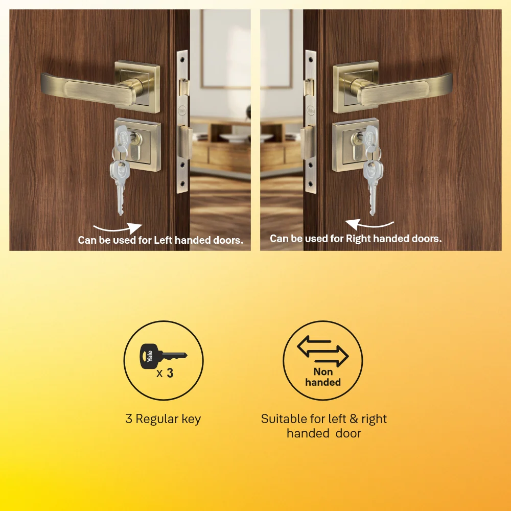 YECM-603-OR-TT-AB Mortise Door Handle Lock Set with Rose and Escutcheons, Cylinder with Knob inside and keys Outside, Antique Brass - Image 4