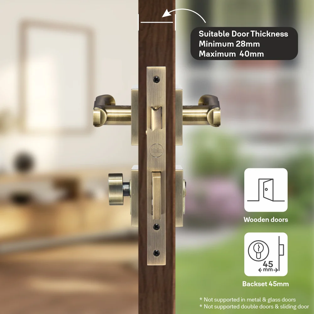 YECM-603-OR-TT-AB Mortise Door Handle Lock Set with Rose and Escutcheons, Cylinder with Knob inside and keys Outside, Antique Brass - Image 5