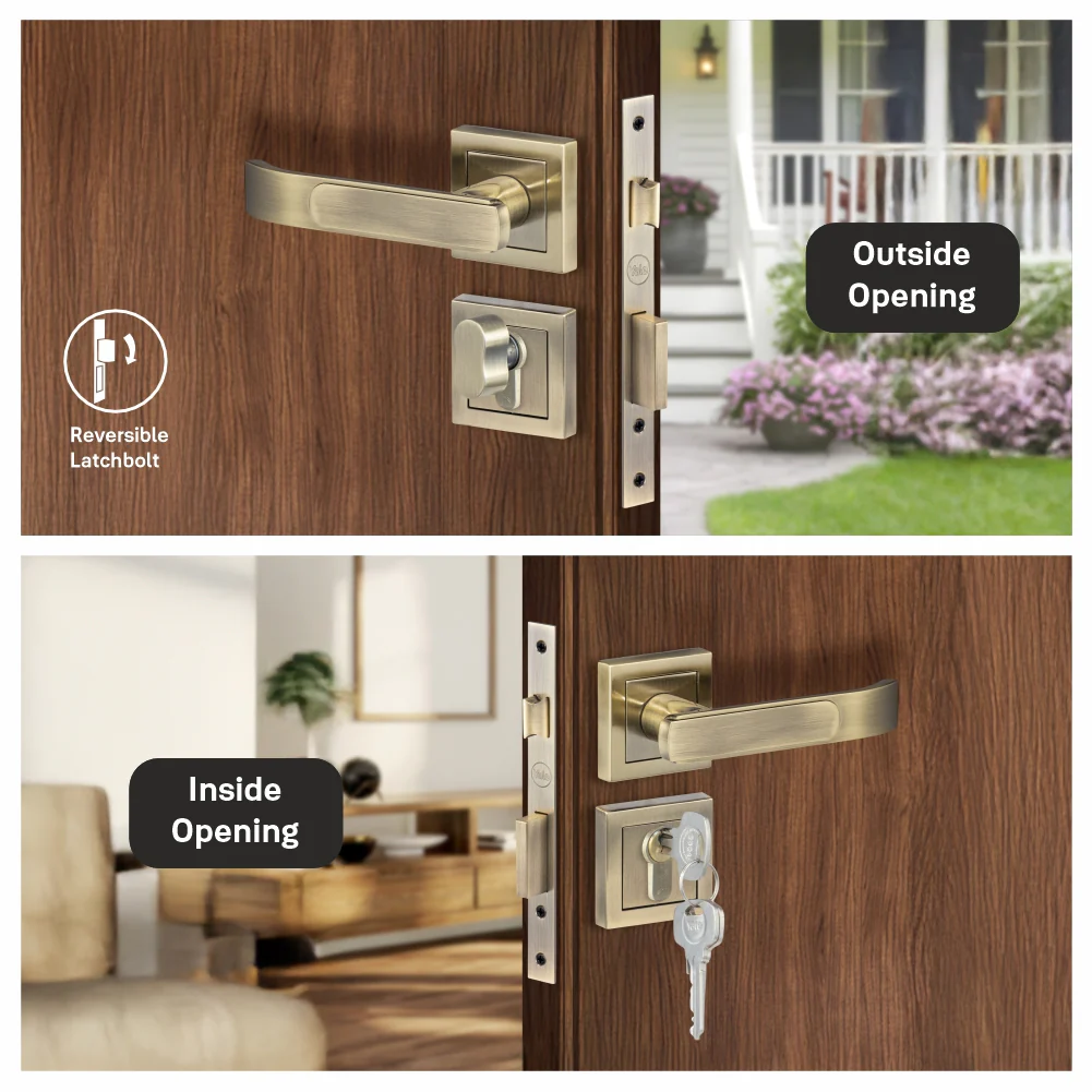 YECM-603-OR-TT-AB Mortise Door Handle Lock Set with Rose and Escutcheons, Cylinder with Knob inside and keys Outside, Antique Brass - Image 7
