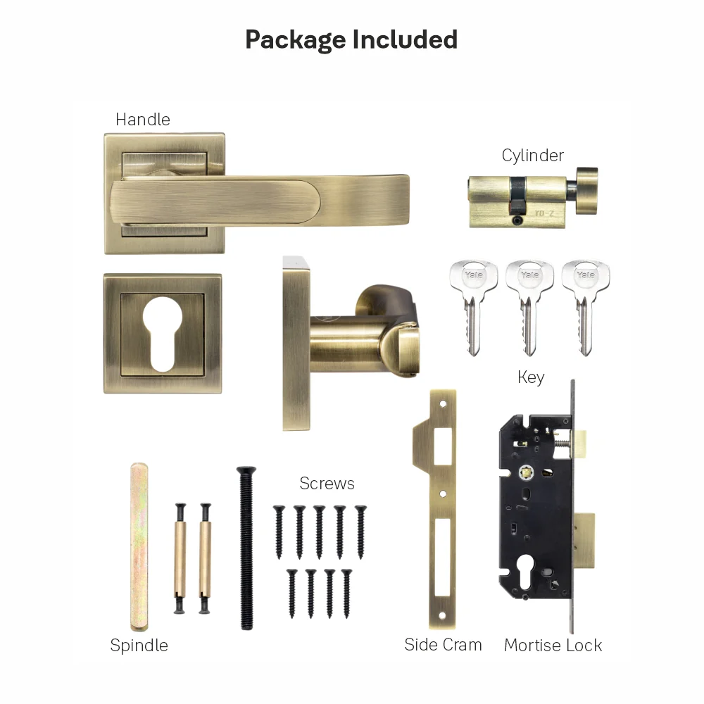 YECM-603-OR-TT-AB Mortise Door Handle Lock Set with Rose and Escutcheons, Cylinder with Knob inside and keys Outside, Antique Brass - Image 9