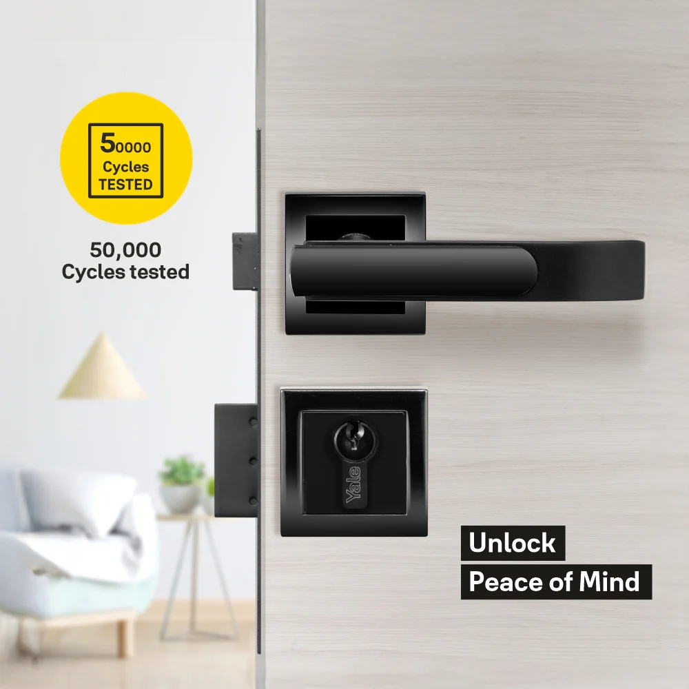 YECM-603-OR-TT-BM Mortise Door Handle Lock Set with Rose and Escutcheons, Cylinder with Knob inside and keys Outside, Black Matt Dual Tone - Image 3