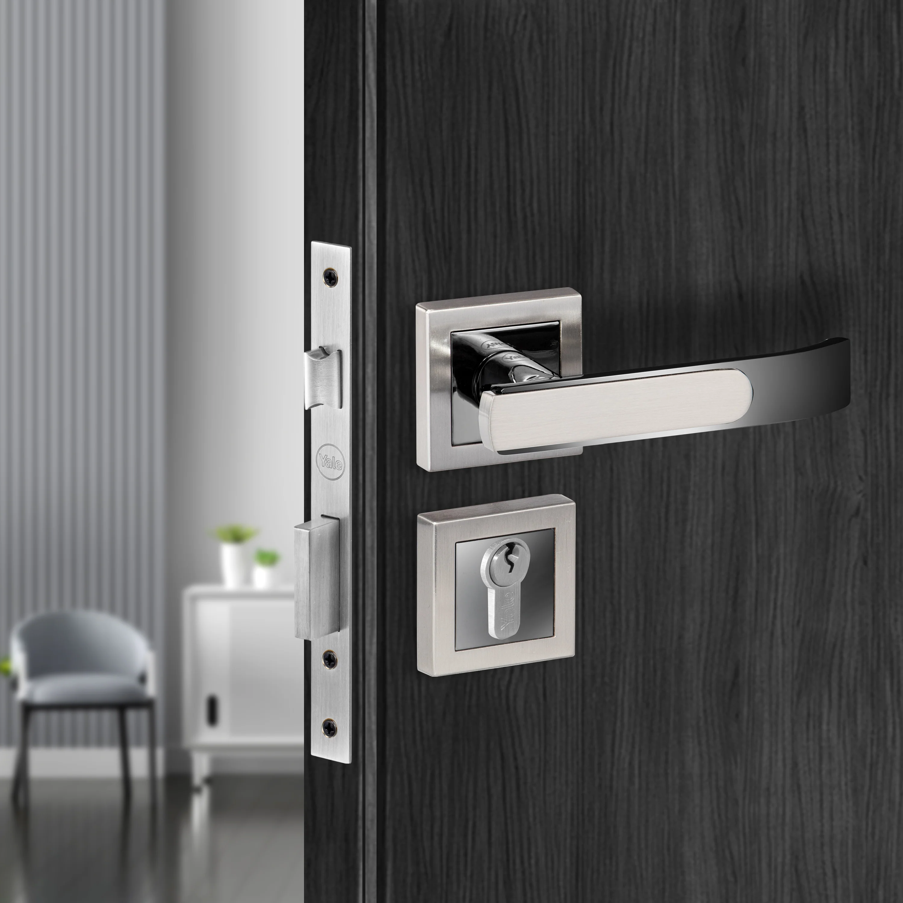 YECM-603-OR-TT-SS/CP Mortise Door Handle Lock Set with Rose and Escutcheons, Cylinder with Knob inside and keys Outside, Satin Steel Dual Tone