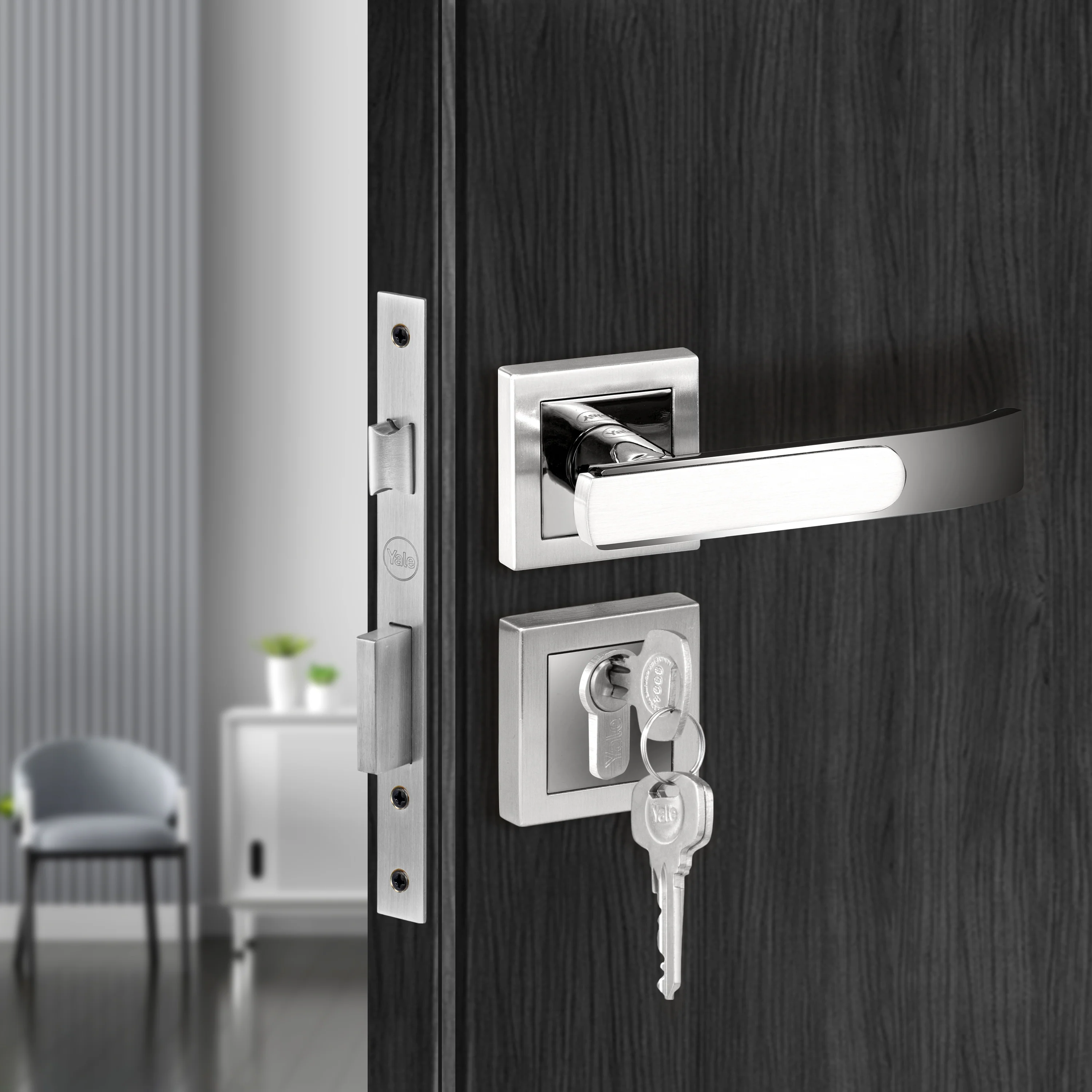 YECM-603-OR-TT-SS/CP Mortise Door Handle Lock Set with Rose and Escutcheons, Cylinder with Knob inside and keys Outside, Satin Steel Dual Tone - Image 2
