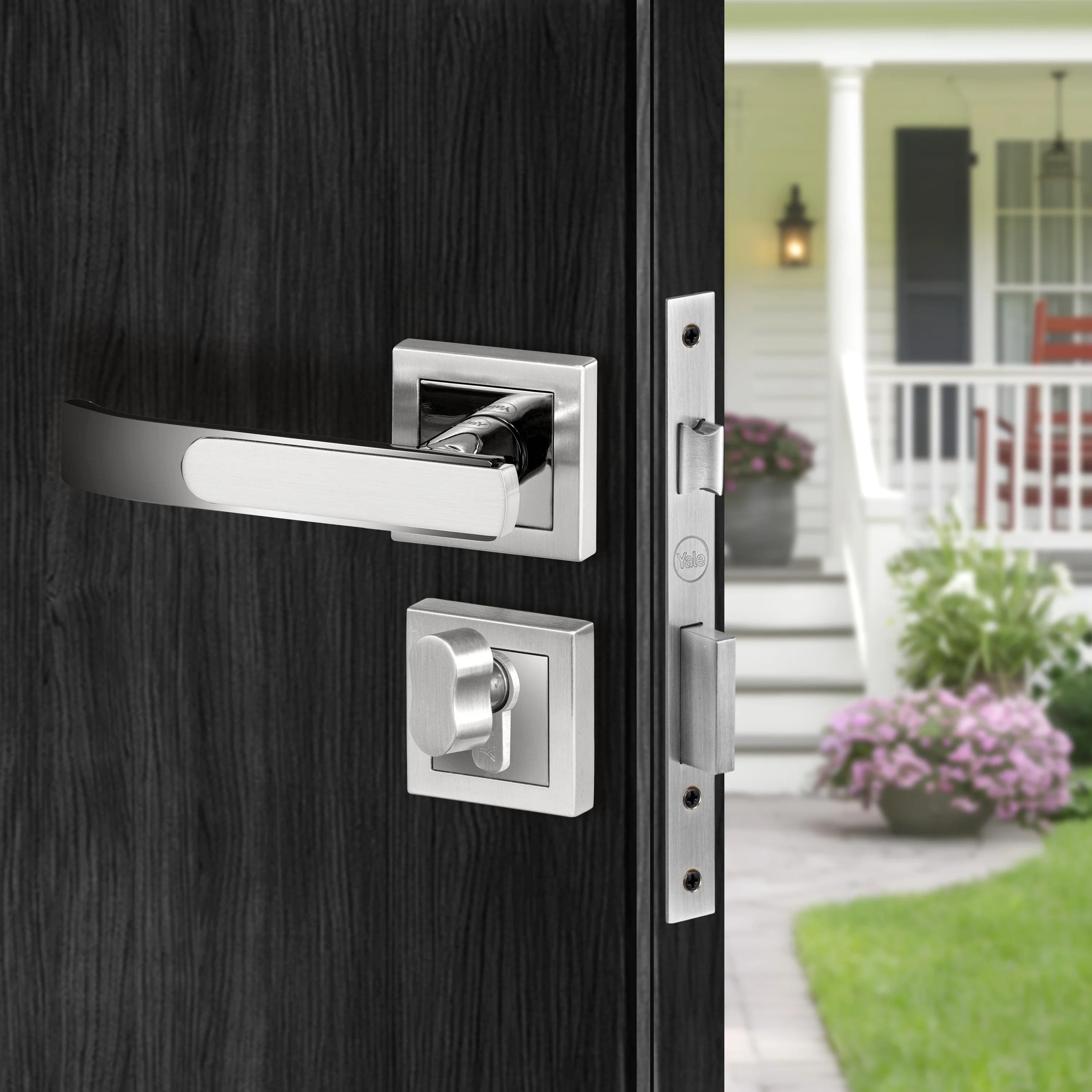 YECM-603-OR-TT-SS/CP Mortise Door Handle Lock Set with Rose and Escutcheons, Cylinder with Knob inside and keys Outside, Satin Steel Dual Tone - Image 3