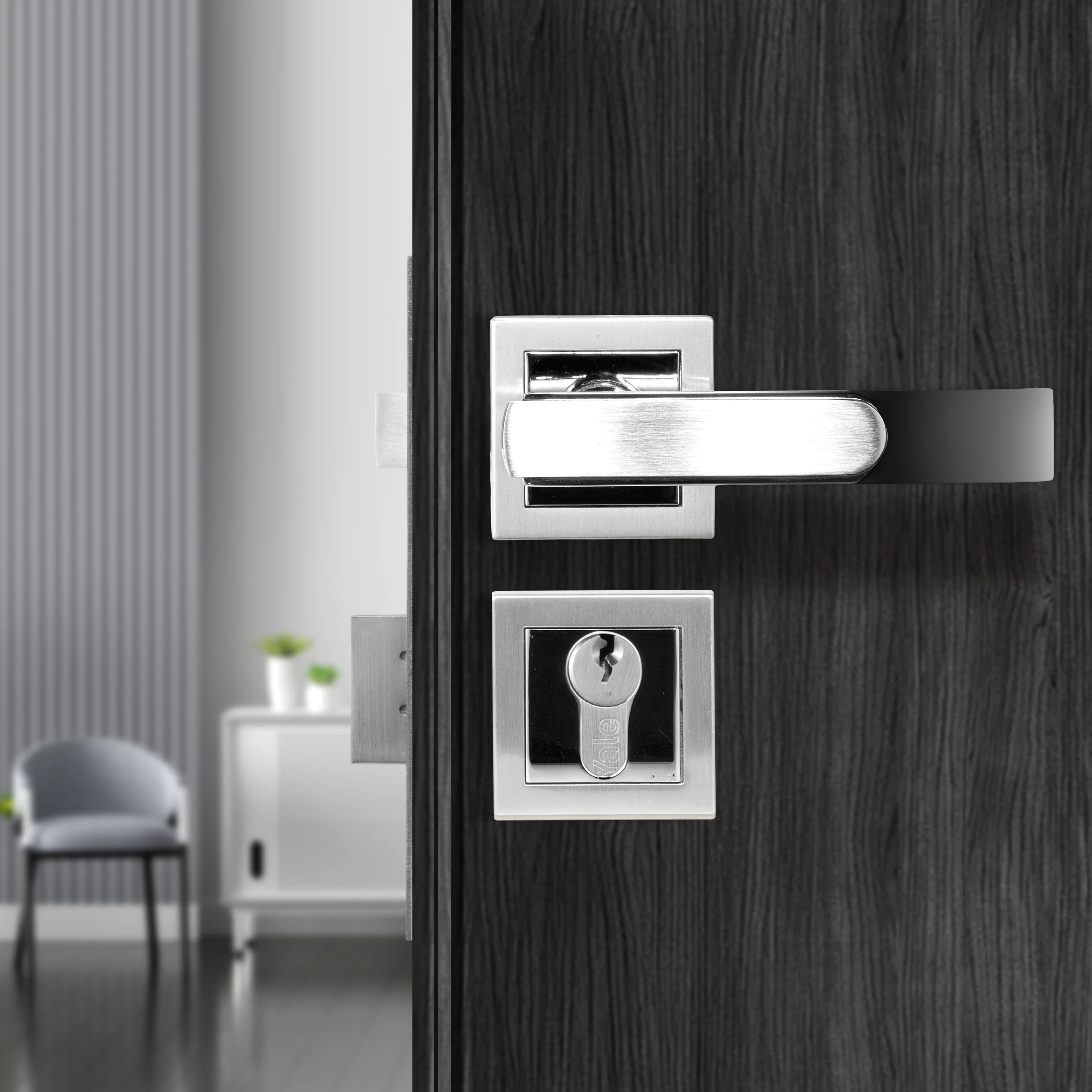 YECM-603-OR-TT-SS/CP Mortise Door Handle Lock Set with Rose and Escutcheons, Cylinder with Knob inside and keys Outside, Satin Steel Dual Tone - Image 4