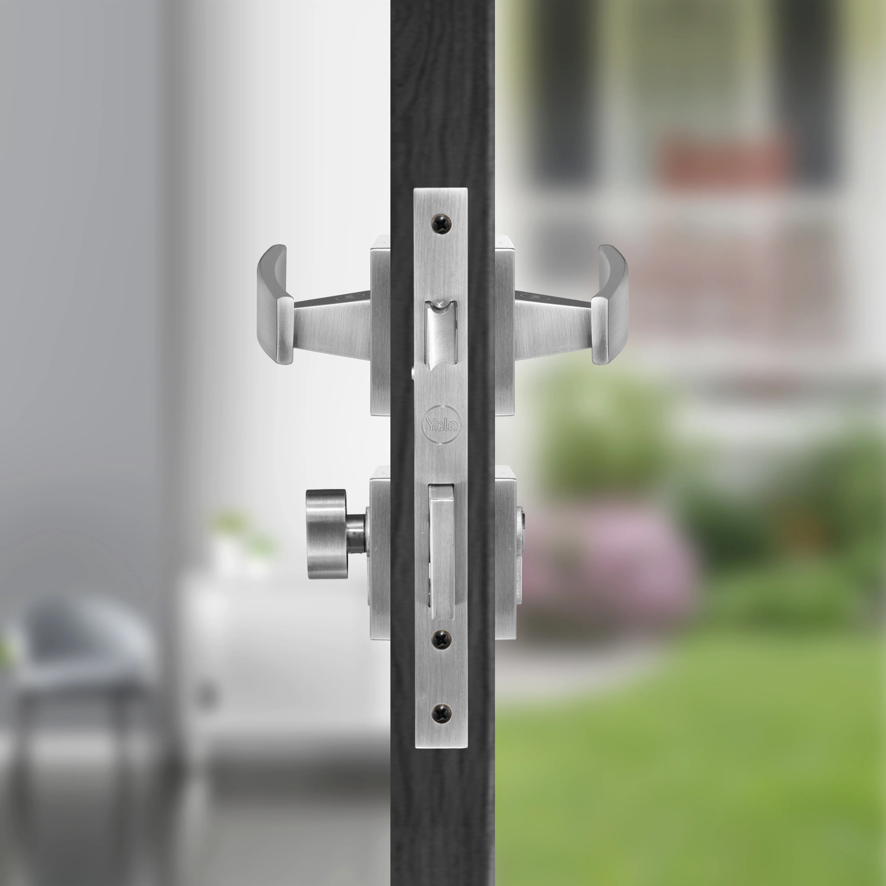 YECM-603-OR-TT-SS/CP Mortise Door Handle Lock Set with Rose and Escutcheons, Cylinder with Knob inside and keys Outside, Satin Steel Dual Tone - Image 6