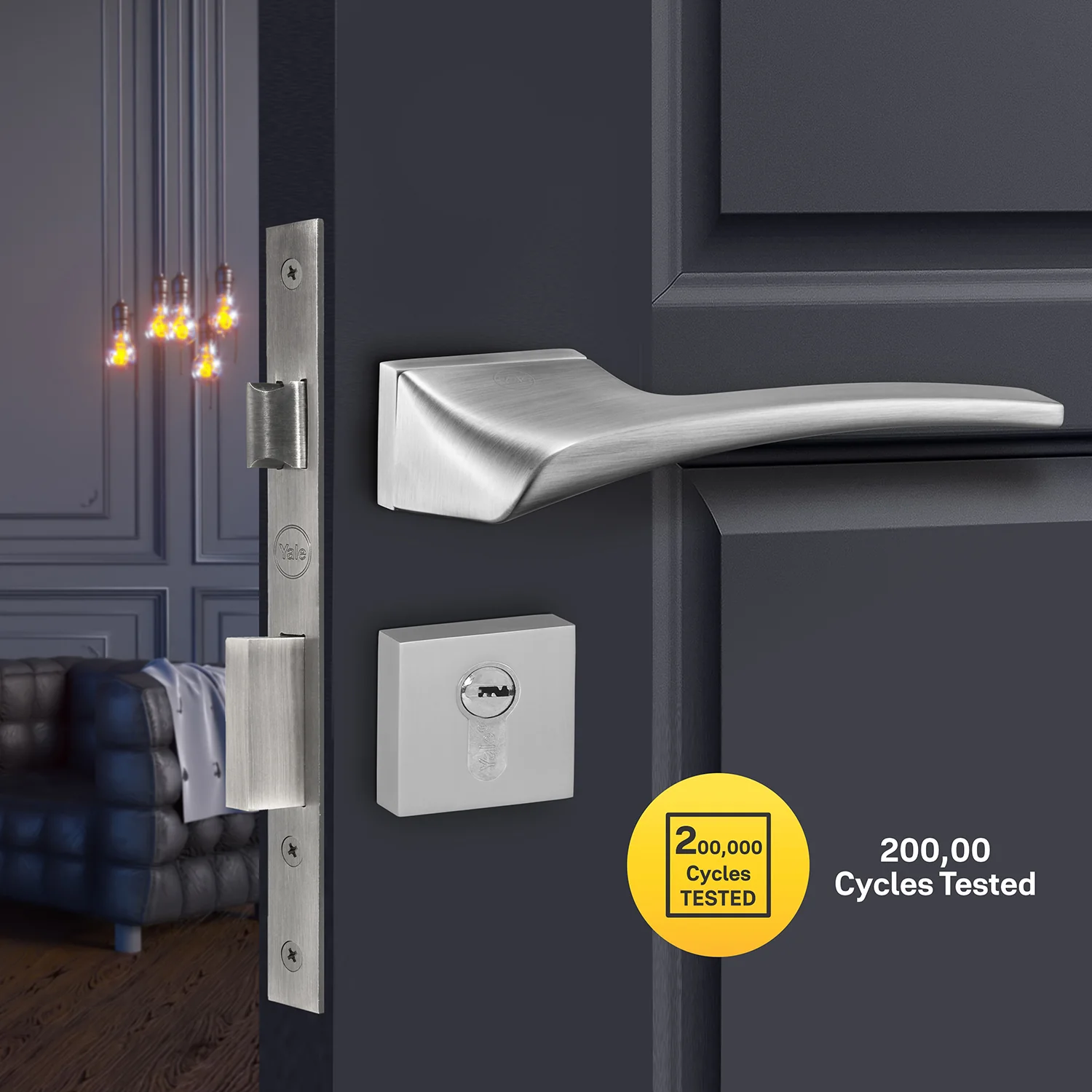 YMEL 702-SS Yale Mortise Lock and handle Comboset with Rose and Escutcheons, Key Cylinder with Knob inside and keys Outside, SS Finish - Image 3