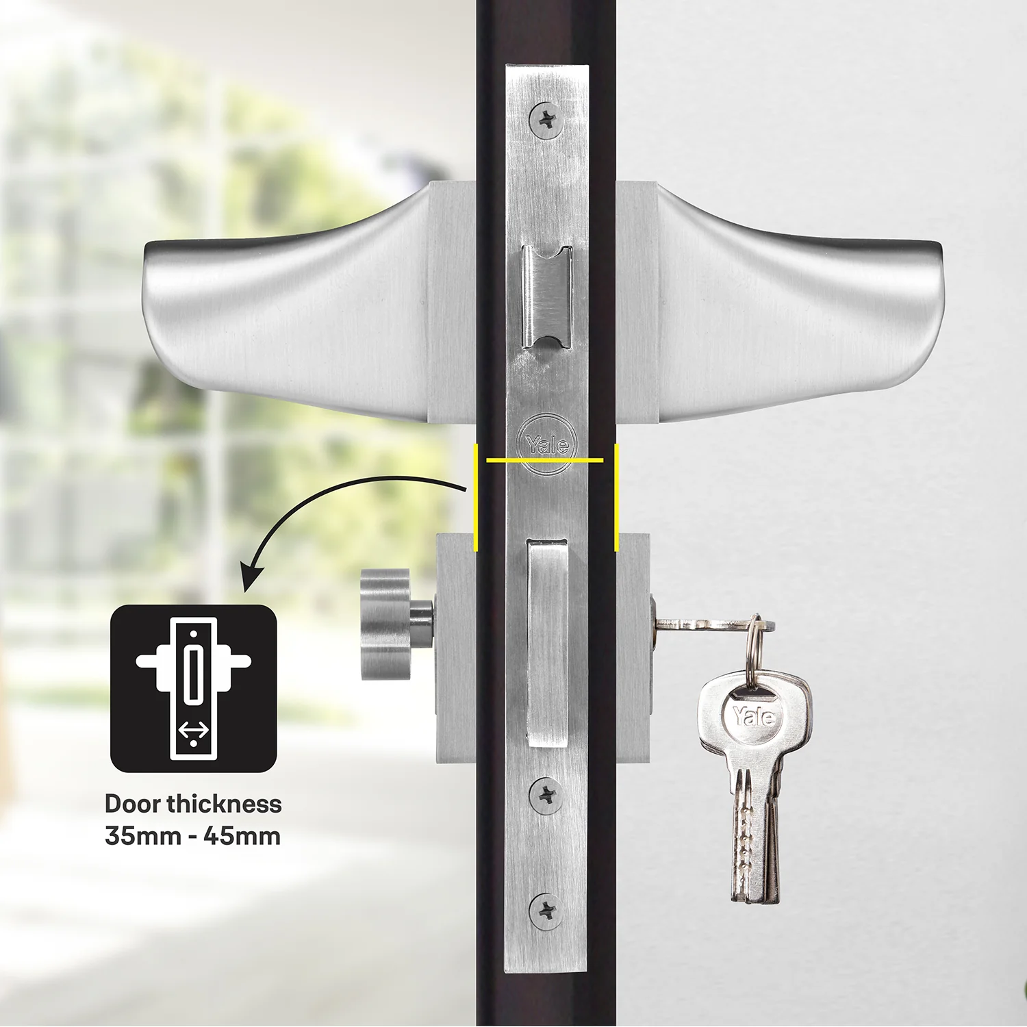 YMEL 702-SS Yale Mortise Lock and handle Comboset with Rose and Escutcheons, Key Cylinder with Knob inside and keys Outside, SS Finish - Image 5