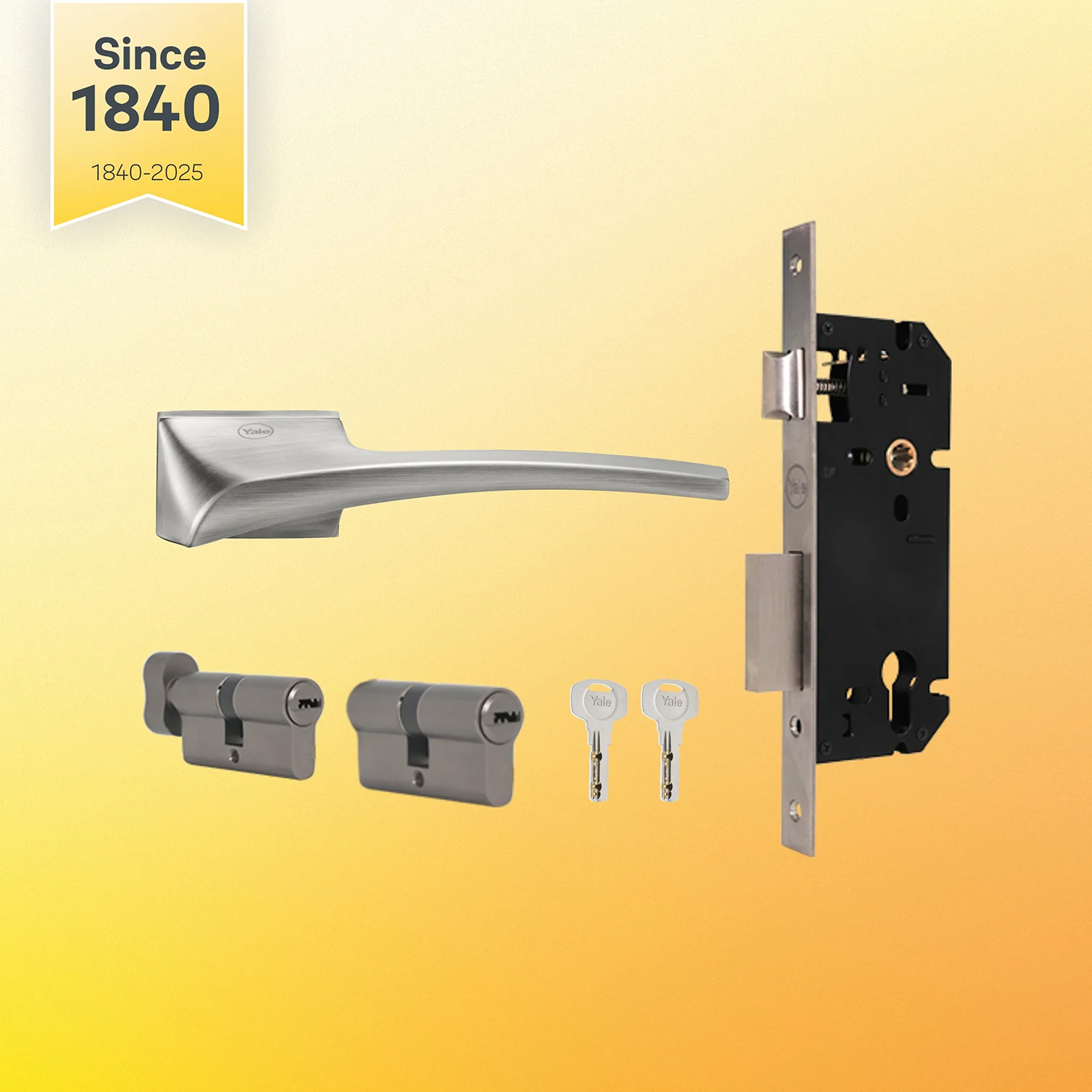 YMEL 702-SS Yale Mortise Lock and handle Comboset with Rose and Escutcheons, Key Cylinder with Knob inside and keys Outside, SS Finish - Image 7