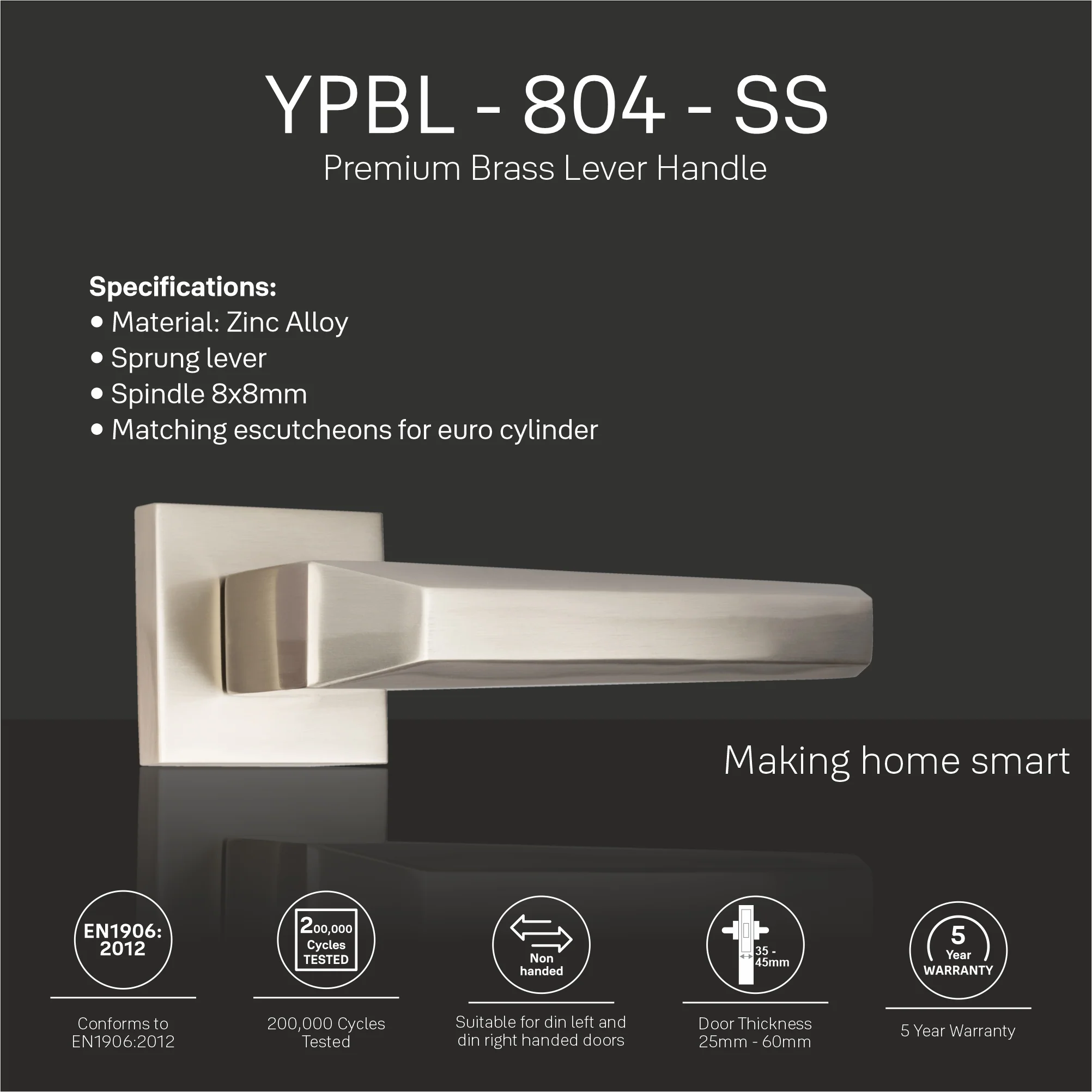 YPBL-804-Solid Brass Premium Lever Handle, Satin Steel - Image 4