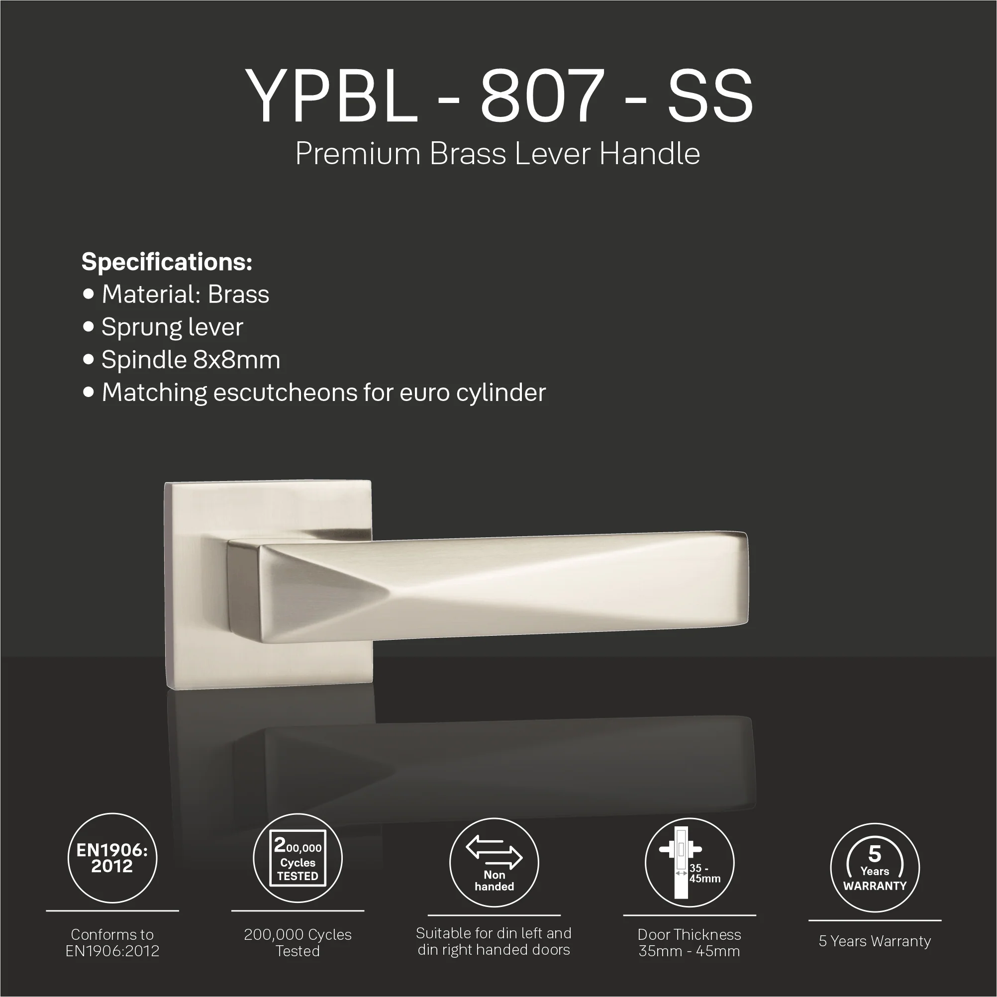 YPBL-807-Solid Brass Premium Lever Handle, Without Lock and key cylinder (Satin Steel - Image 4