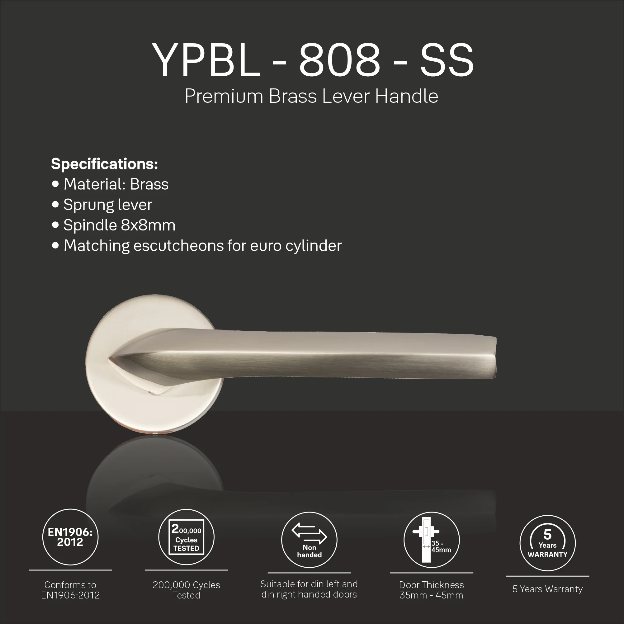 YPBL-808-Solid Brass Premium Lever Handle, Satin Steel - Image 4
